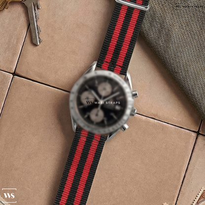 Black/Red 3 Stripes Nylon Watch Strap on Omega Speedmaster Chronograph Date 3511.50