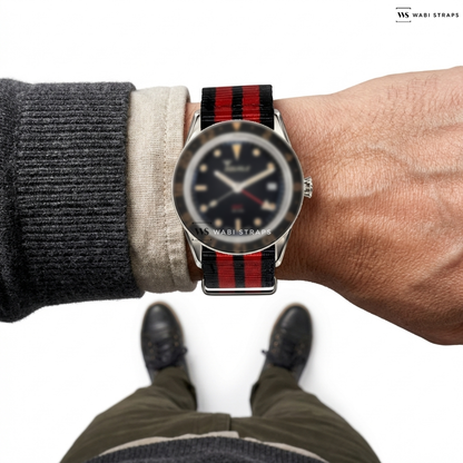 Black/Red 3 Stripes Nylon Watch Strap on M20 Momentum DSS Diver