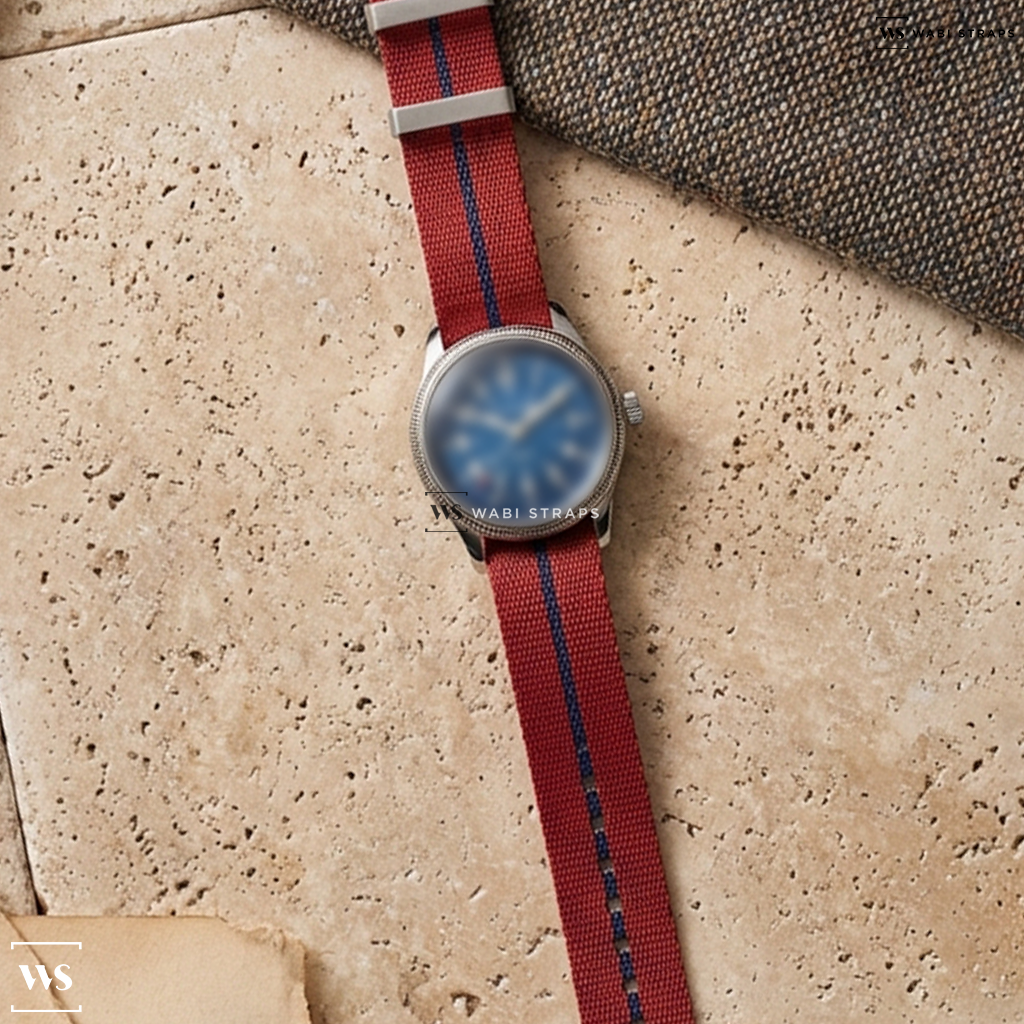 Blue/Red 3-Stripe Nylon Watch Strap on Waltham A17 PILOT NATO Blue