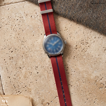 Blue/Red 3-Stripe Nylon Watch Strap on Waltham A17 PILOT NATO Blue