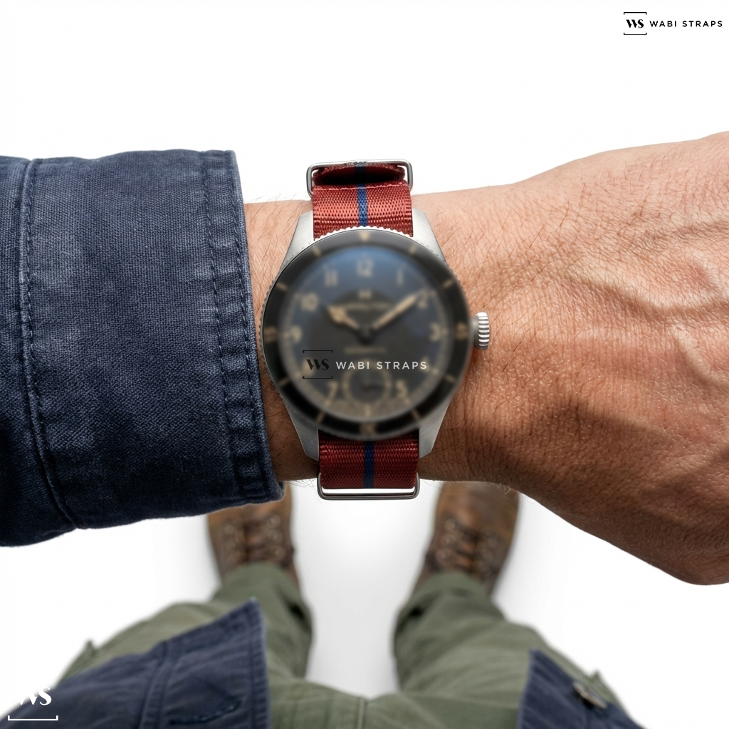 Blue/Red 3-Stripe Nylon Watch Strap on Bulova Oceanographer GMT