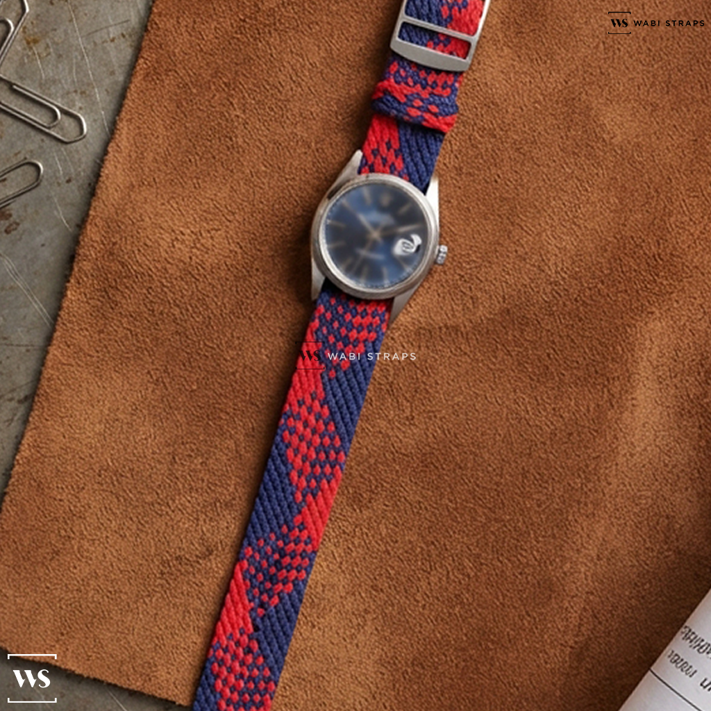 Red/Blue Interwoven Contrast Nylon Watch Strap on Rolex Datejust 16200 Blue Sunburst Dial