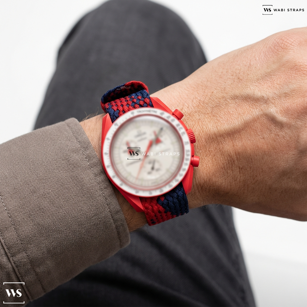 Red/Blue Interwoven Contrast Nylon Watch Strap on Bioceramic MoonSwatch Mission To Mars