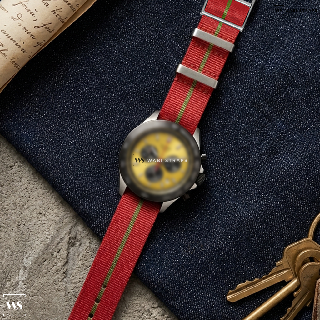 Green/Red 3-Stripe Nylon Watch Strap on TAG Heuer Formula 1 Chronograph 43mm Mens Watch Yellow CAZ101AM.FT8054