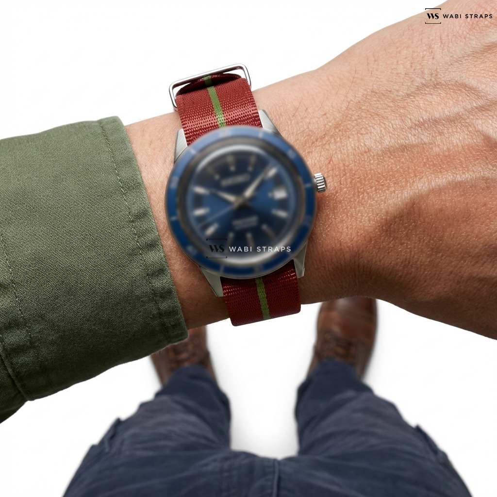Green/Red 3-Stripe Nylon Watch Strap on Seiko Presage "Style60's"