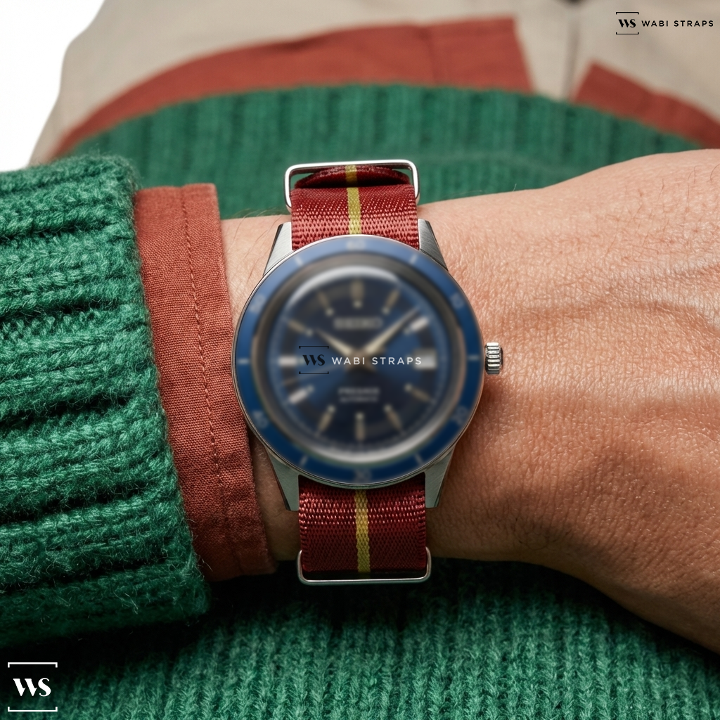 Brown/Red 3-Stripe Nylon Watch Strap on Hamilton Khaki Aviation Pilot Pioneer 43mm