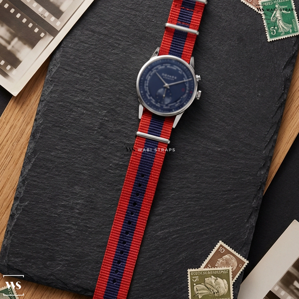 Blue/Red 3 Stripes Nylon Watch Strap on Nomos Glashutte Zurich Weltzeit 807 Blue Dial