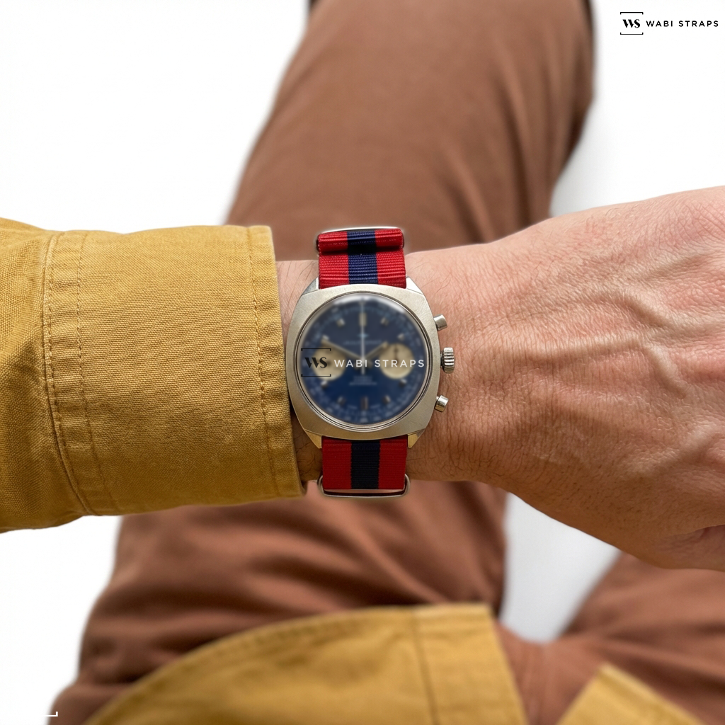 Blue/Red 3 Stripes Nylon Watch Strap on Jacquet Droz Chronograph Vintage Blue Dial
