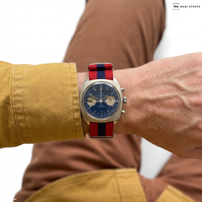 Blue/Red 3 Stripes Nylon Watch Strap on Jacquet Droz Chronograph Vintage Blue Dial