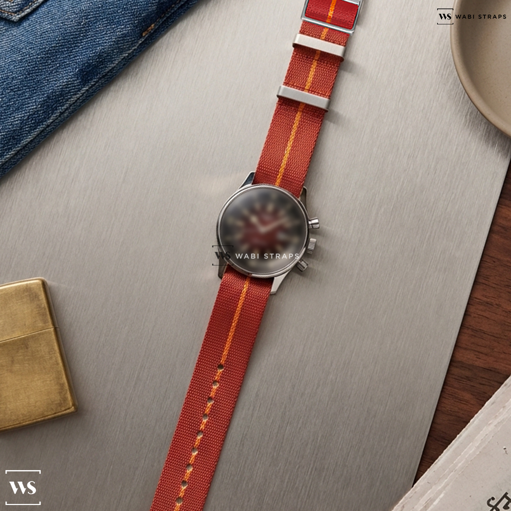 Orange/Red 3-Stripe Nylon Watch Strap on Longines Legend Diver 36mm Mens Watch Red L33744402