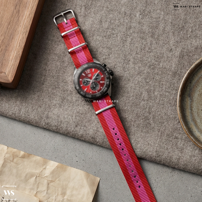 Pink/Red 3 Stripes Nylon Watch Strap on Tag Heuer Formula 1 Quartz Red Dial