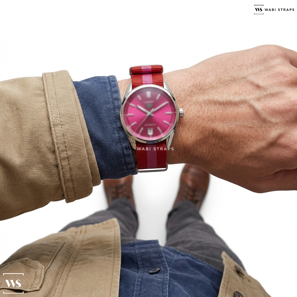 Pink/Red 3 Stripes Nylon Watch Strap on TAG Heuer Carrera Date - Steel - 36 mm