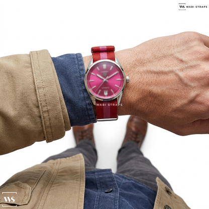 Pink/Red 3 Stripes Nylon Watch Strap on TAG Heuer Carrera Date - Steel - 36 mm