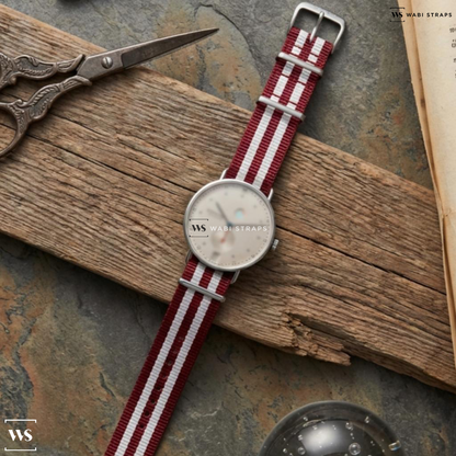 Red/White 5 Stripes Nylon Watch Strap on Nomos Glashutte Metro Datum Gangreserve