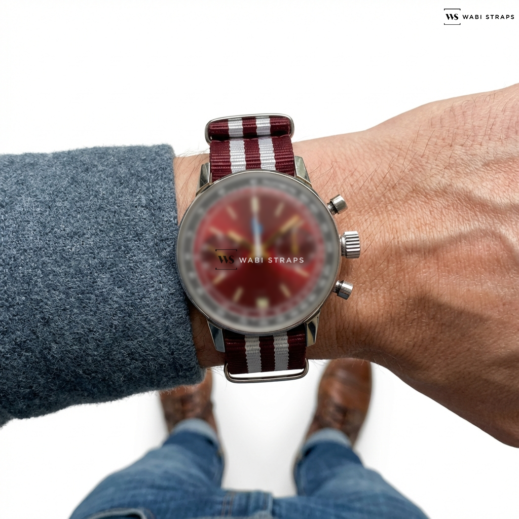 Red/White 5 Stripes Nylon Watch Strap on Lip Vintage Chronograph Red Dial