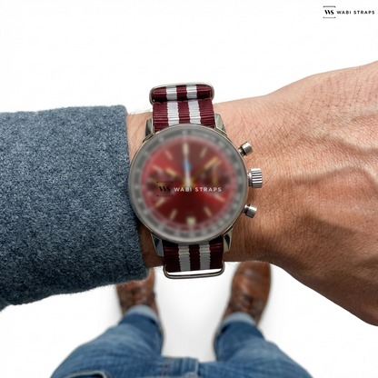 Red/White 5 Stripes Nylon Watch Strap on Lip Vintage Chronograph Red Dial