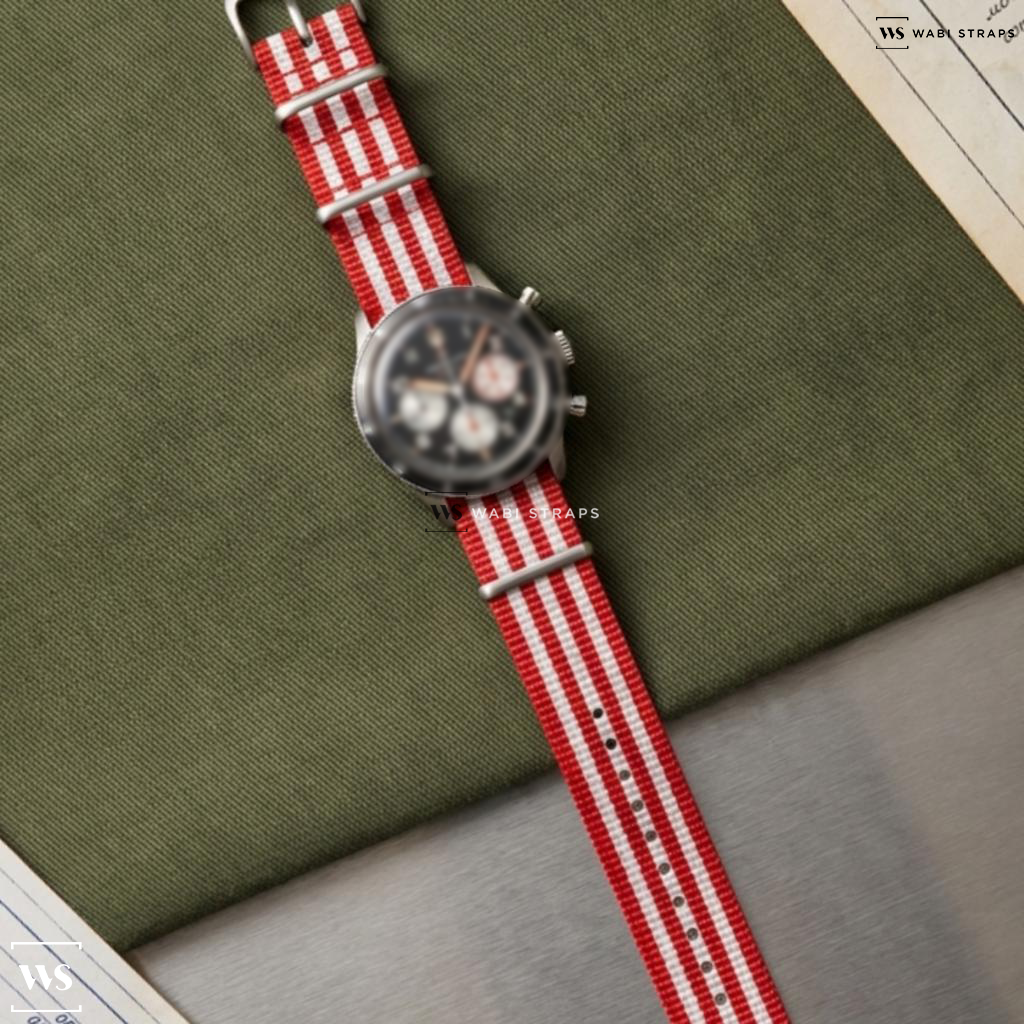 Red/White 7 Stripes Nylon Watch Strap on Breitling Aviator 8 B01 Chronograph Mosquito 43