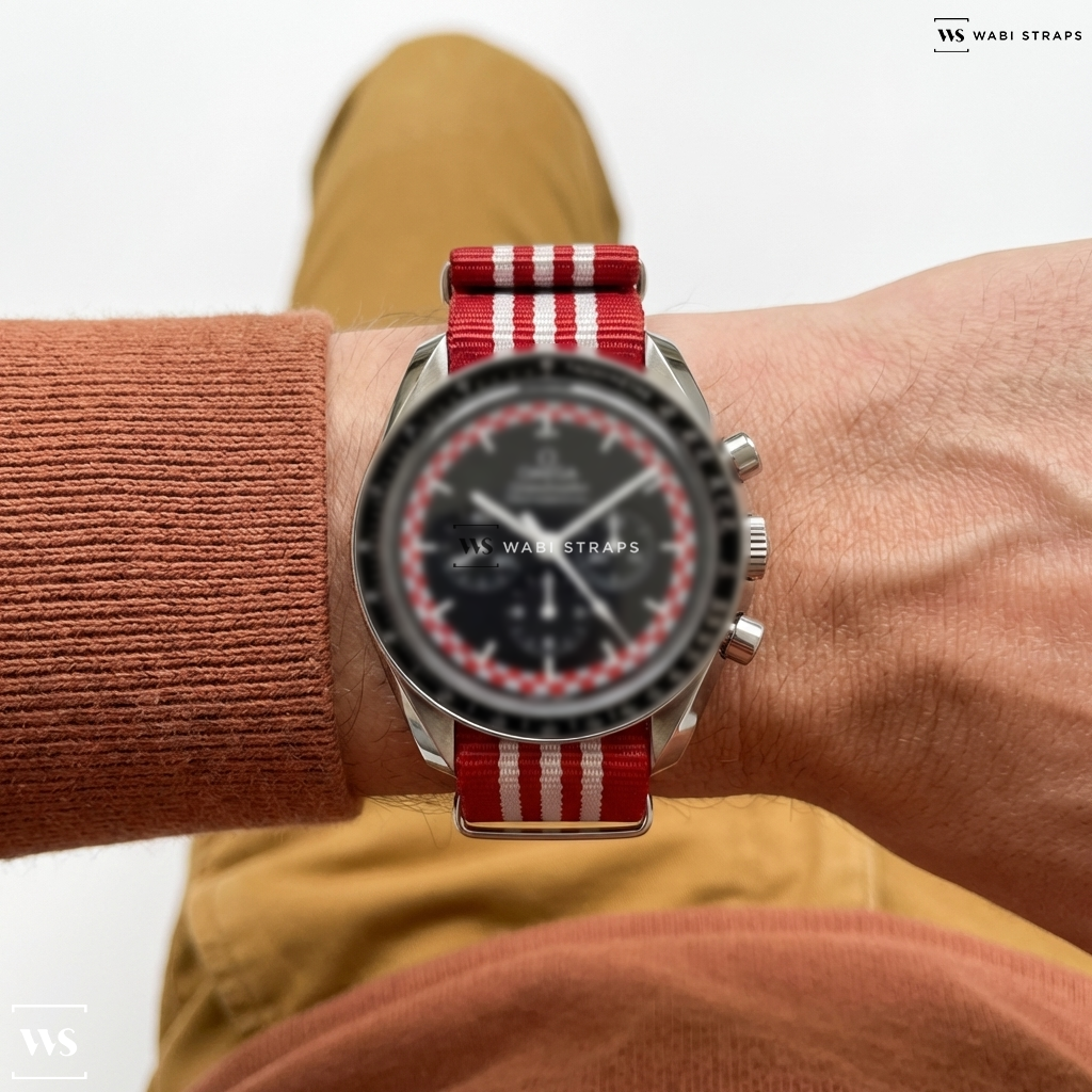 Red/White 7 Stripes Nylon Watch Strap on Omega Speedmaster Professional “TINTIN”