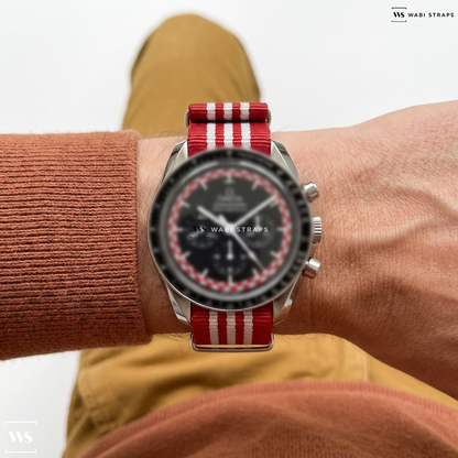 Red/White 7 Stripes Nylon Watch Strap on Omega Speedmaster Professional “TINTIN”