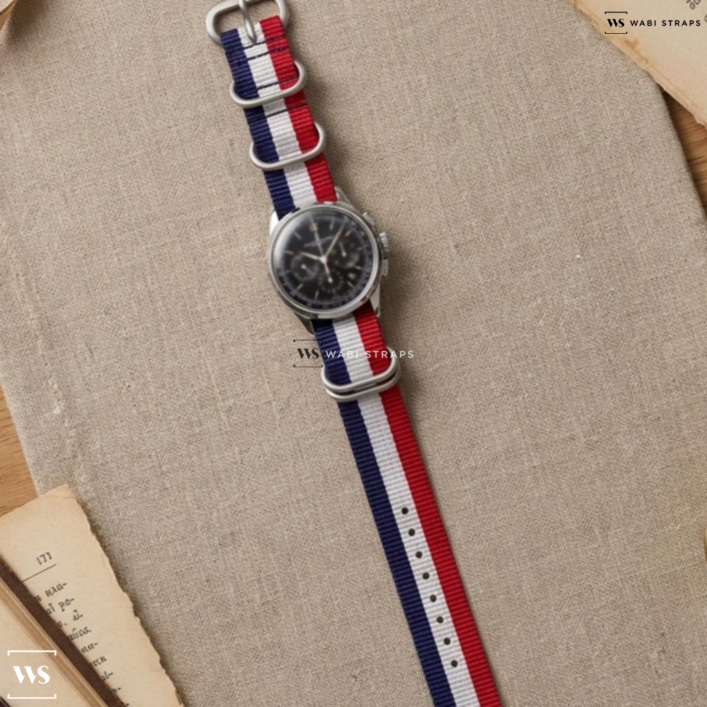 Blue/Red/White 3 Stripes Nylon Watch Strap on Jaeger Le Coultre Automatic Chronograph