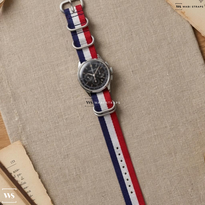 Blue/Red/White 3 Stripes Nylon Watch Strap on Jaeger Le Coultre Automatic Chronograph