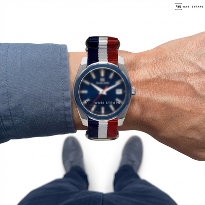 Blue/Red/White 3 Stripes Nylon Watch Strap on Grand Seiko SBGP015