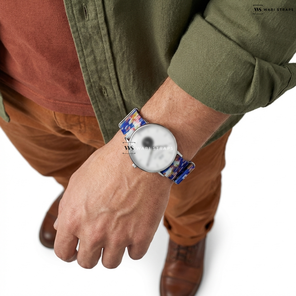 Blue/Brown/White/Yellow Tie Dye Nylon Watch Strap on Sternglas IVO