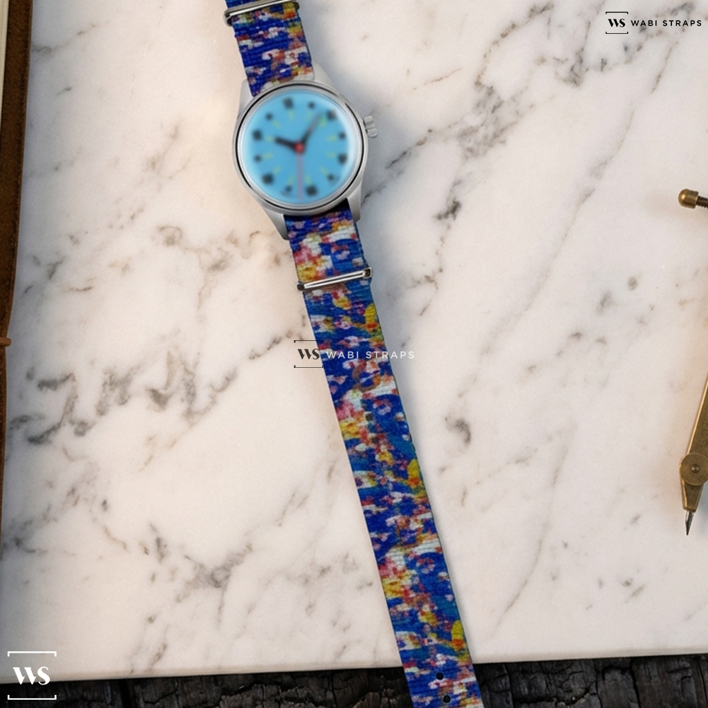 Blue/Brown/White/Yellow Tie Dye Nylon Watch Strap on Paulin Neo