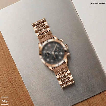Rose Gold 15-Row Rice Beads Metal Watch Bracelet on Breitling Classic AVI Chronograph 42 P-51 Mustang 18K Red Gold Leather Strap Watch R233801A1B1X1