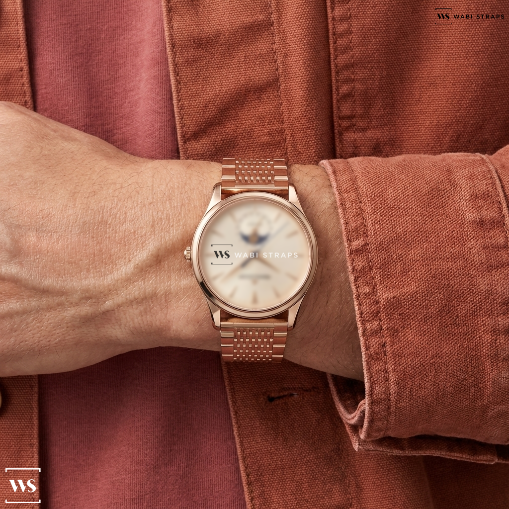 Rose Gold 15-Row Rice Beads Metal Watch Bracelet on Jaeger-LeCoultre Master Ultra Thin Moon 39mm Mens Watch Cream Q1362511