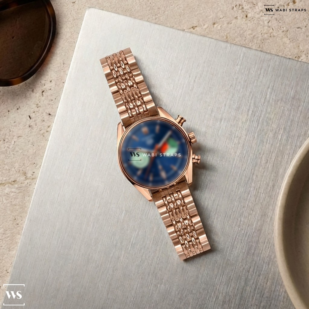 Rose Gold 5-Row Rice Beads Metal Watch Bracelet on TAG Heuer Carrera Skipper Chronograph 39mm Mens Watch Blue CBS2241.FN8023