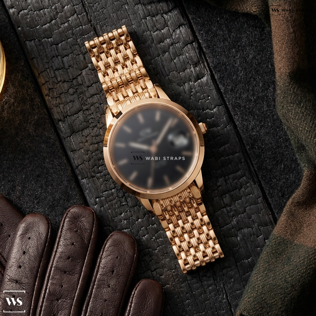 Rose Gold 9-Row Textured Metal Watch Bracelet on Daniel Wellington Iconic St Mawes Automatic Rose Gold