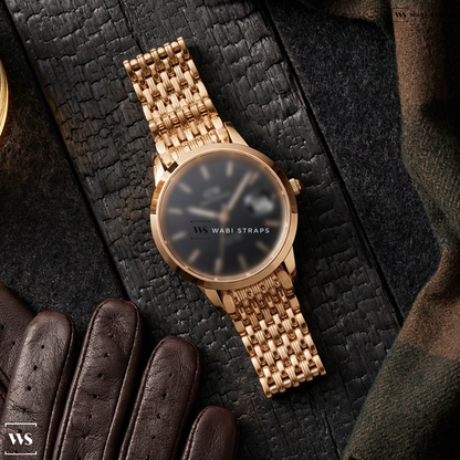 Rose Gold 9-Row Textured Metal Watch Bracelet on Daniel Wellington Iconic St Mawes Automatic Rose Gold