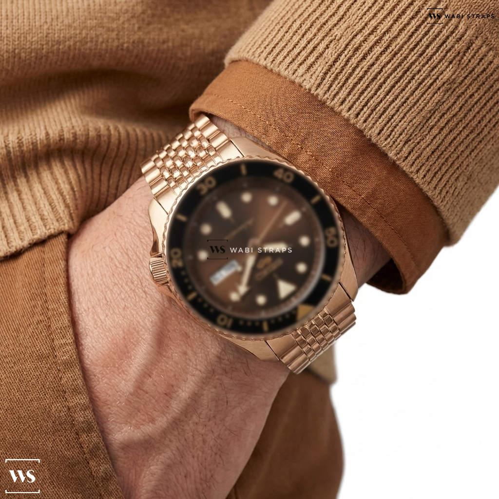 Rose Gold 9-Row Textured Metal Watch Bracelet on Seiko 5 Sports Automatic Watch with Chocolate Dial and 28mm Rose Goldtone Case #SRE006
