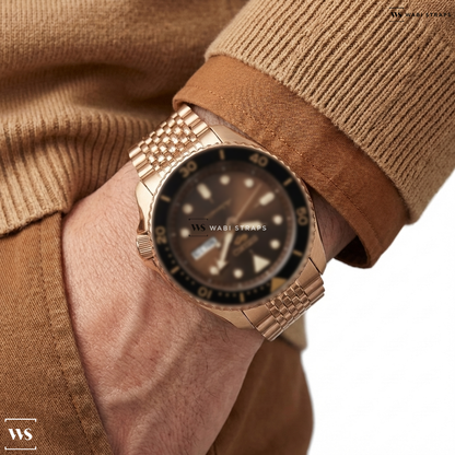 Rose Gold 9-Row Textured Metal Watch Bracelet on Seiko 5 Sports Automatic Watch with Chocolate Dial and 28mm Rose Goldtone Case #SRE006