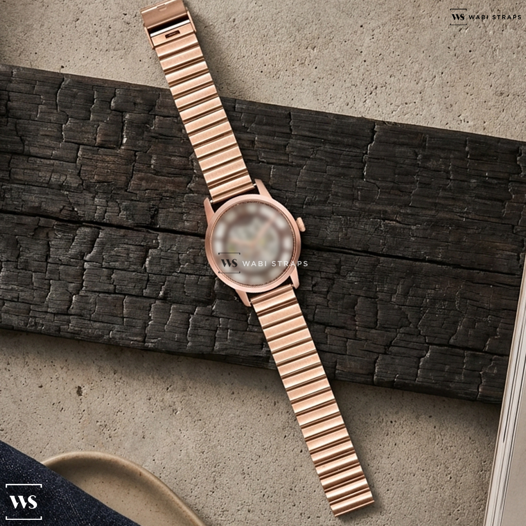 Rose Gold Single Link Metal Watch Bracelet on Fossil Townsman Automatic Brown Leather Watch