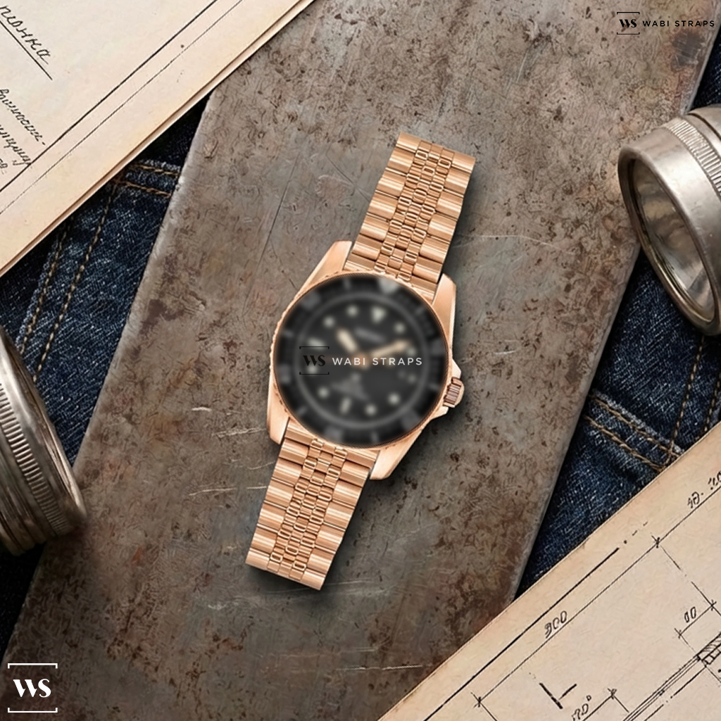 Rose Gold Jubilee Metal Watch Bracelet on Seiko 38mm Prospex Black Dial Solar Dive Watch with Rose Goldtone Case #SNE586