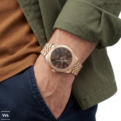 Rose Gold Jubilee Metal Watch Bracelet on William Wood Watches Chivalrous Collection Chocolate 41mm Mens Watch WWCC01