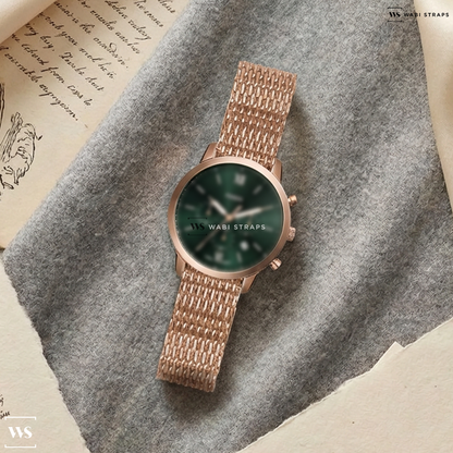 Rose Gold Shark Mesh Metal Watch Bracelet on Fossil Neutra Chronograph Brown Leather Watch