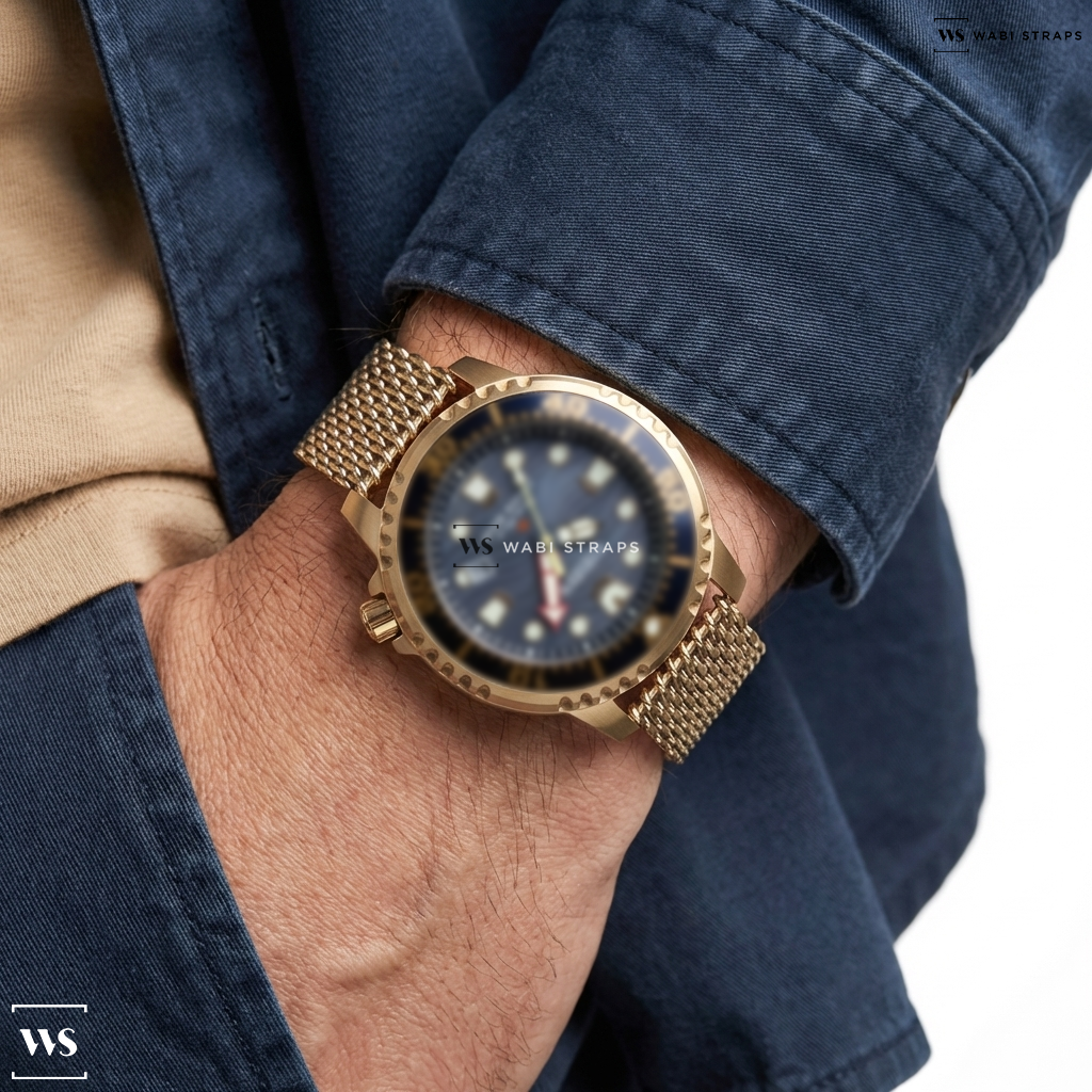 Rose Gold Shark Mesh Metal Watch Bracelet on Citizen Promaster Dive Eco-Drive