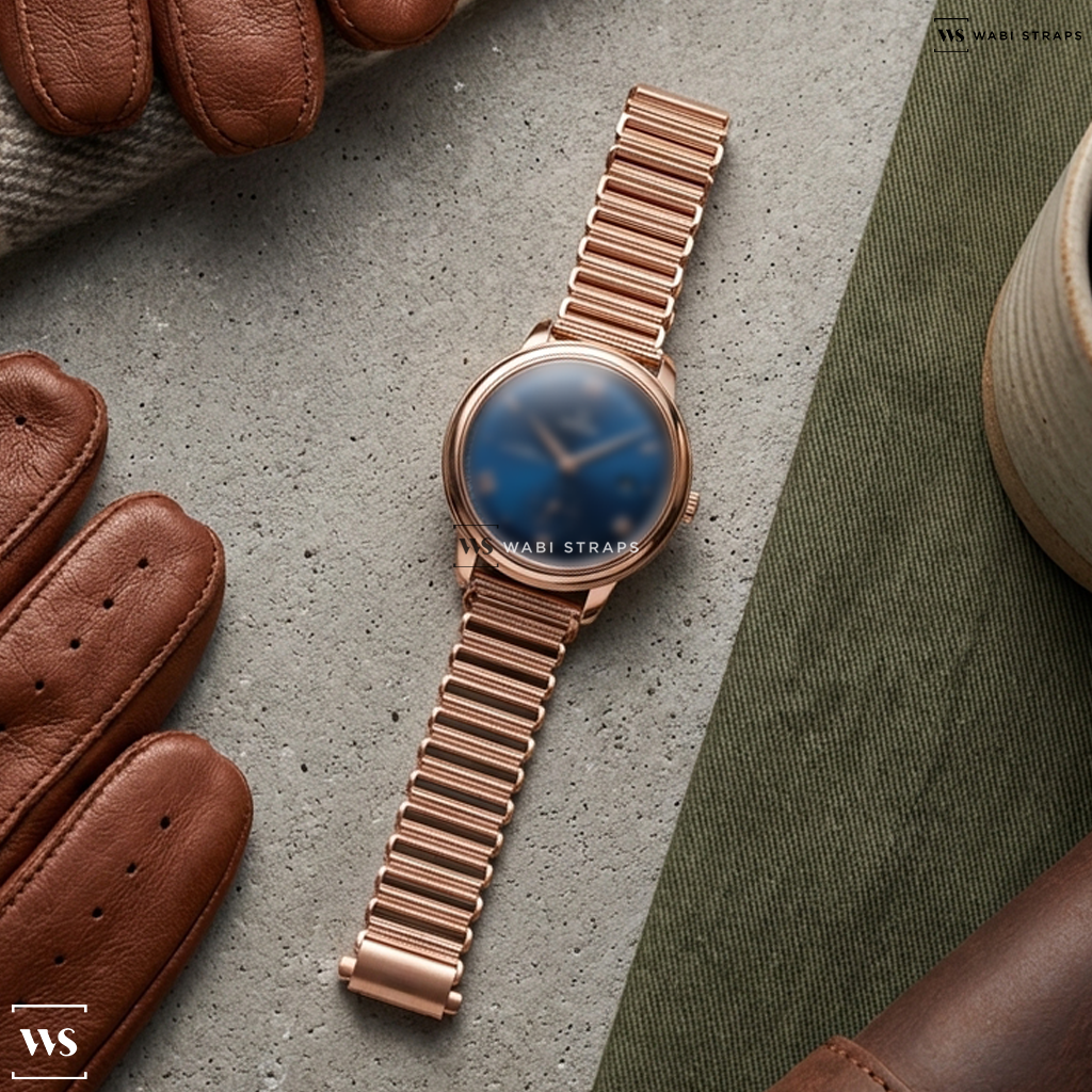 Rose Gold Bonklip Metal Watch Bracelet on Omega De Ville Prestige Co-Axial Master Chronometer Small Seconds 41mm Mens Watch Blue O43453412003001