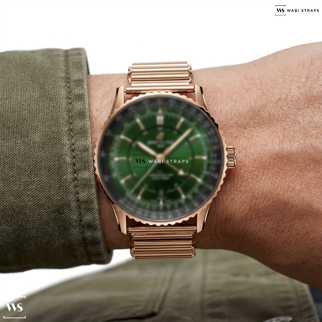 Rose Gold Bonklip Metal Watch Bracelet on Breitling Navitimer Automatic GMT 41mm Mens Watch Green R32310251L1P1