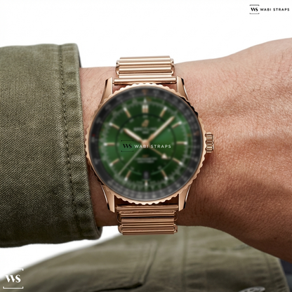 Rose Gold Bonklip Metal Watch Bracelet on Breitling Navitimer Automatic GMT 41mm Mens Watch Green R32310251L1P1
