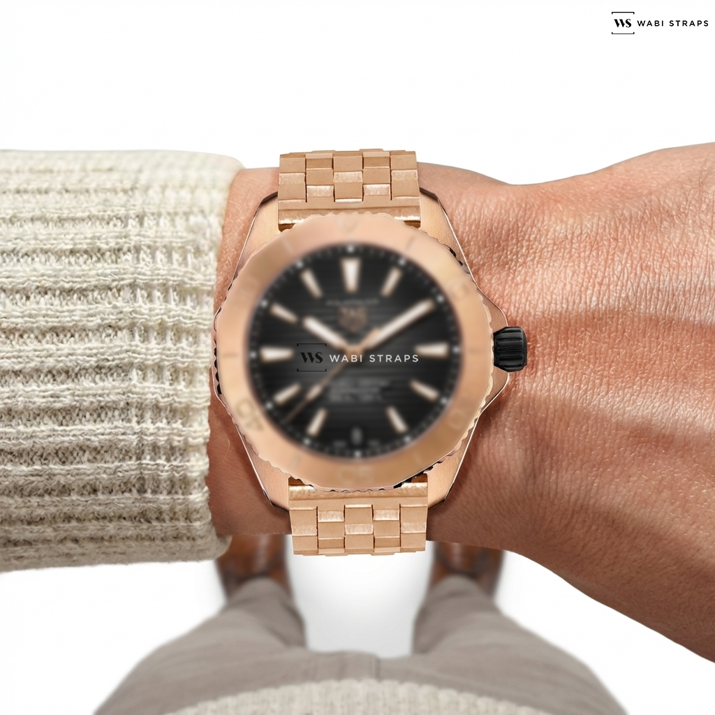 Rose Gold Brick Metal Watch Bracelet on TAG Heuer Aquaracer Professional 200 40mm Mens Watch Black WBP5150.FT6199