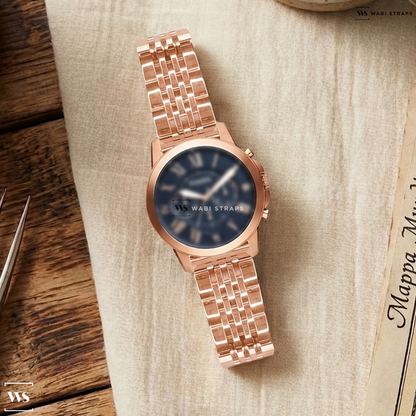 Rose Gold 7-Link Jubilee Metal Watch Bracelet on Fossil Grant Chronograph Navy Leather Watch