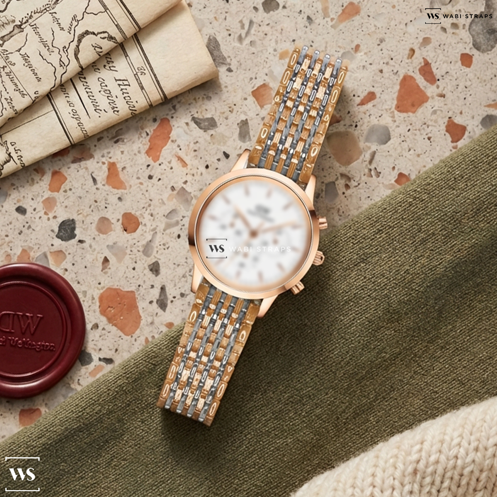 Silver 9-Row Textured Metal Watch Bracelet on Daniel Wellington Iconic Chronograph Sheffield RG