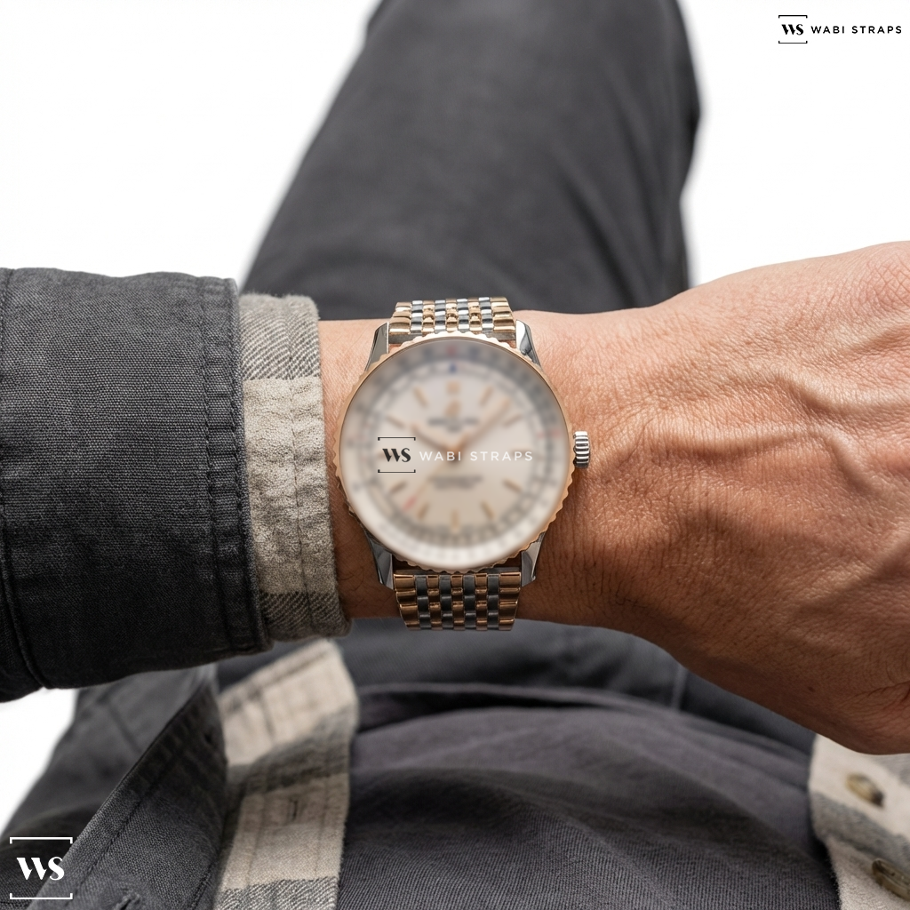 Silver 9-Row Textured Metal Watch Bracelet on Breitling Navitimer Automatic 41mm Mens Watch Silver Stainless Steel And 18k Rose Gold U17329F41G1U1