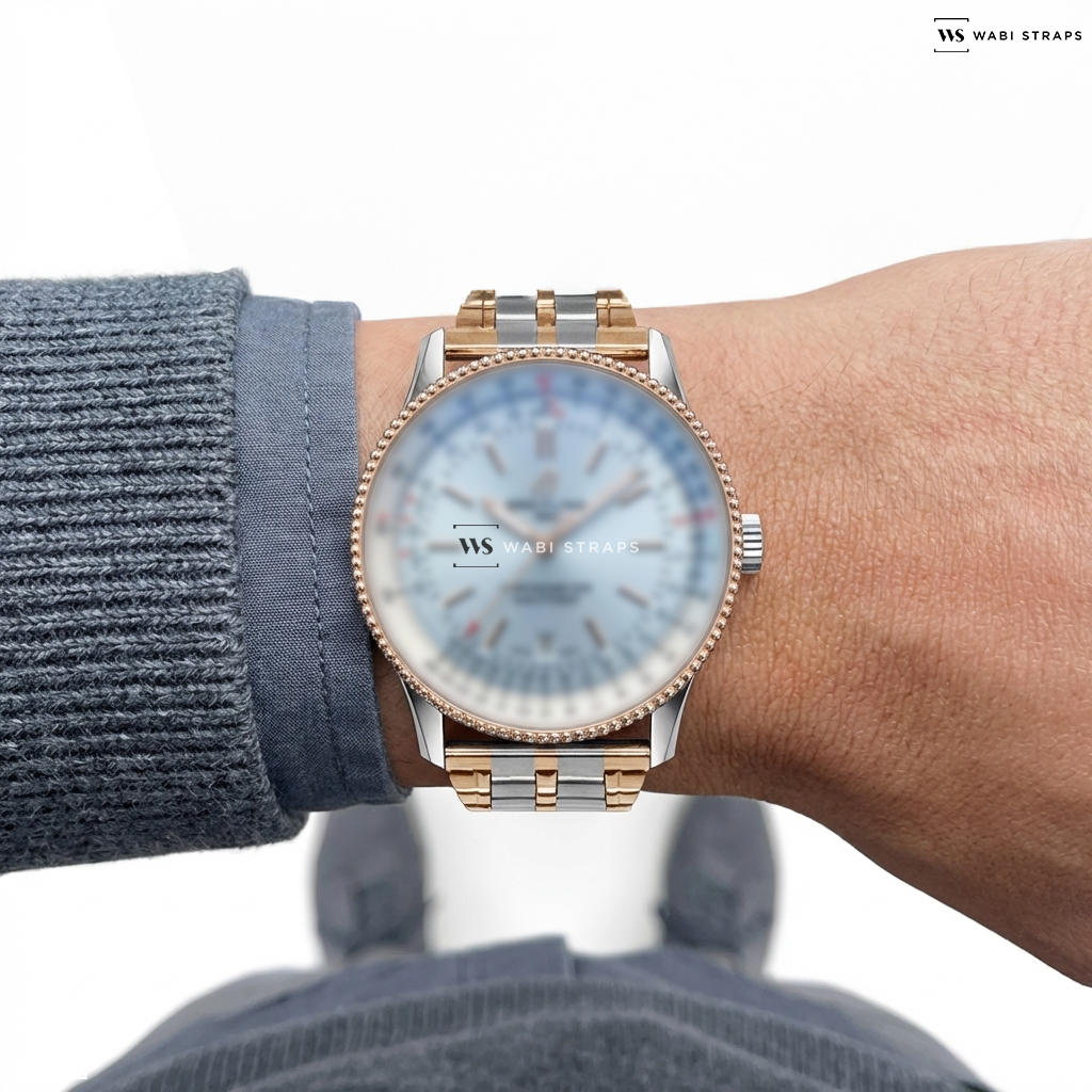 Rose Gold/Silver Folded Railroad Metal Watch Bracelet on Breitling Navitimer 41mm Mens Watch Silver U17326211G1A1