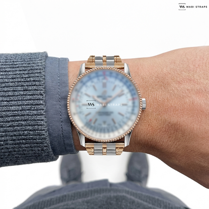 Rose Gold/Silver Folded Railroad Metal Watch Bracelet on Breitling Navitimer 41mm Mens Watch Silver U17326211G1A1