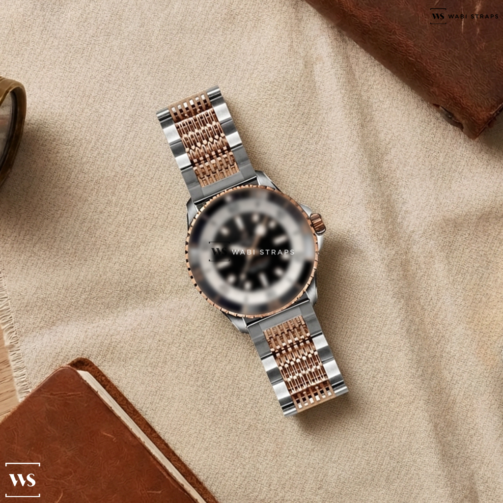 Rose Gold/Silver 15-Row Rice Beads Metal Watch Bracelet on Breitling Superocean Automatic 42 Stainless Steel & 18k Red Gold Watch U17375211B1S1